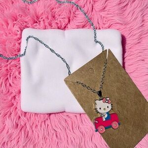 Hello Kitty in Car Necklace – Pink Enamel Pendant, Silver Chain, Kawaii Cute!